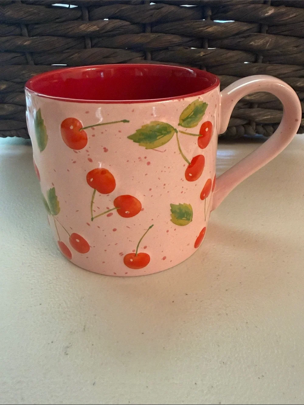 Pink Cherry Ceramic Coffee Mug with Red Interior